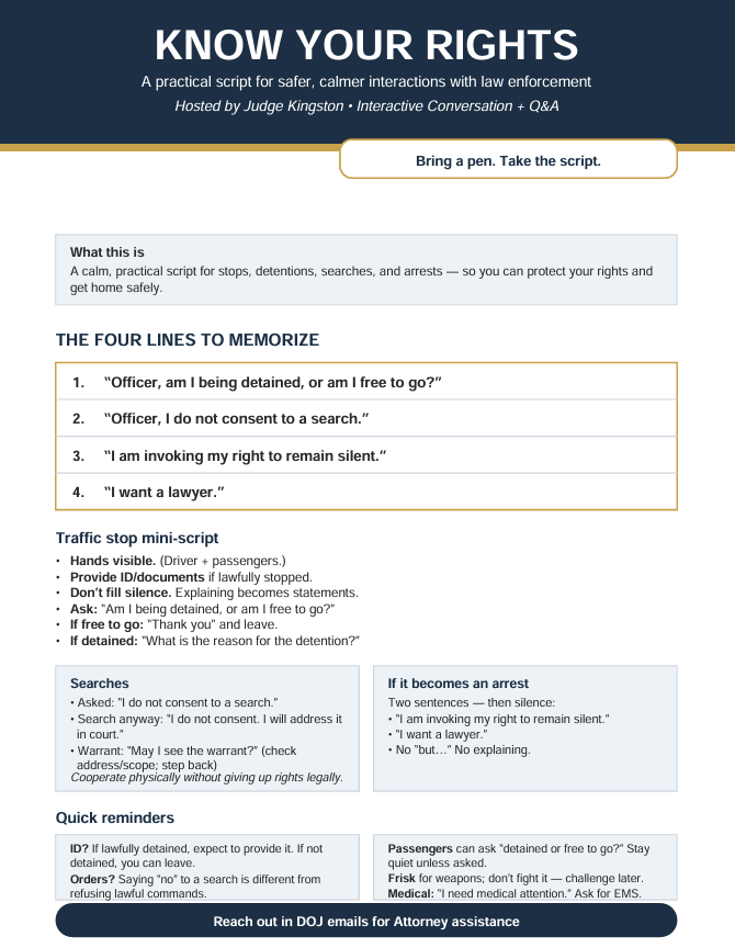 Know Your Rights workshop poster: four lines to memorize, traffic stop script, search and arrest guidance